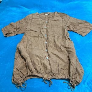 3/4 Sleeve Linen blouse Bryn Walker olive green iridescent shell buttons